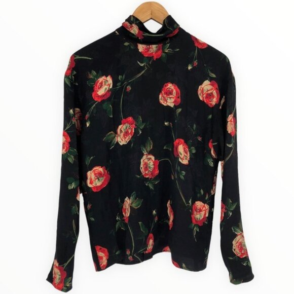80’s Vintage Ungaro Rose Print Silky Blouse Long Sleeves - Picture 1 of 12